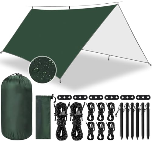Frasheng Toldo de Refugio Impermeable 3M*3M,Tienda de Campaña Tarp,Hamaca Tienda de campaña,Toldo de Refugio Camping,con 8 Cuerdas + 6 Clavos de Tierra + Bolsa de Guarda,para Picnic,Pesca,Camping