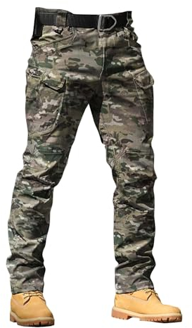 WLHBF Denim Herren Slim Fit Chino Hose mit Gürtel Einfarbiger Outdoor-Stretch-Overall für Herren mit Tarnmuster und großen Taschen, lockere, weiche Hose, regendichte Trainingshose (Camouflage, XXXL)