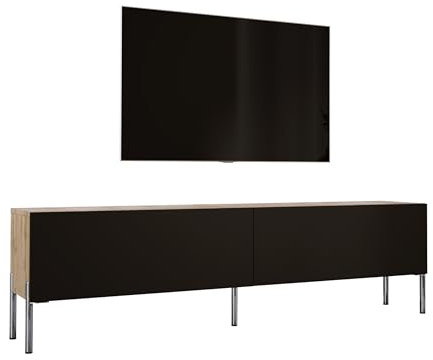 Meuble TV Bas Moderne - Chêne wotan/Noir Mat/Pieds Chromés - 170x52x32 cm