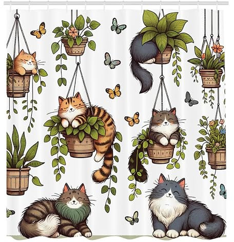 ABAKUHAUS Chat Rideau de Douche, Chats Souriants Heureux sur des Pots Suspendus İllustration De, Material Resistente al Agua Durable Estampa Digital, 175 cm x 200 cm, Bleu Gris Vert et Taupe