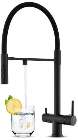 KEOKBON 3 Wege Wasserhahn Schwarz, 360° Drehbar Küchenarmatur mit Herunterziehen Brause, 3 in 1 Mischbatterie Trinkwasserhahn mit 2 Hebel für Wasserfilter, Drei Wege Armatur aus Messing & Edelstahl