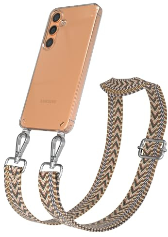 EAZY CASE Handykette - Verstellbares Taschenband kompatibel mit Galaxy S24, Schulterriemen, Handykordel mit Silikon Hülle, Umhängetasche, Braun Silber