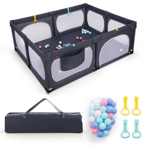 DREAMADE Laufstall Baby, 189 x 158 cm Laufgitter mit 4 Zugringen & 50 Ocean Bällen & Tragetasche, Großes Schutzgitter für Baby & Kleinkinder 0-3 Jahren (ohne Matratze,Dunkelgrau)