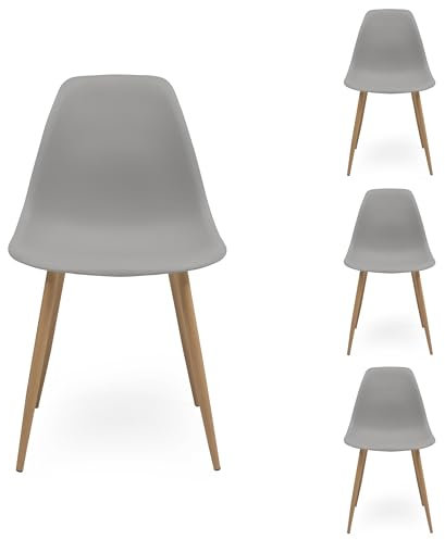 Homely – Pack 4 Sillas Comedor Cairo Nordic | Diseño Nórdico | Asiento de Polipropileno | Patas Metálicas Acabado Madera | Dormitorio, Cocina, Comedor, Estudio | 46x54x84cm | Color Gris Medio