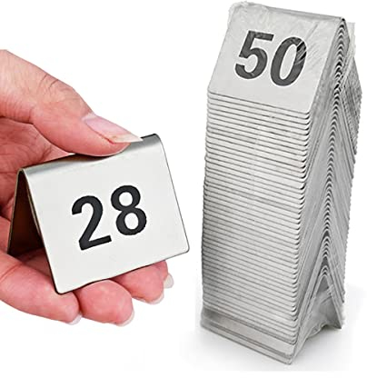 50 números de mesa, 1-50 tarjetas de números de mesa de acero inoxidable, números de mesa de doble cara para asientos de restaurante, cafetería, bar, suministros para fiestas de eventos de aniversari