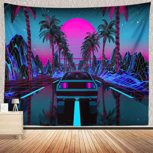 CHENGOR Car 1980er Jahre Science-Fiction-Wandteppich Sci-Fi Supercar Straße Palmen roter Sonnenuntergang, Urbaner Straße Wandbehang für Wohnzimmer Schlafzimmer Männerhöhle Hintergrund, 200 x 150cm