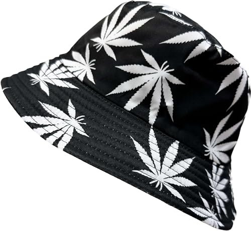 J26 Fischerhut Angler Mütze Hawaii Hut Sonnenschutz Fischer Strandhut Hanf Cannabis Cap (DE/NL/SE/PL, Alphanumerisch, Einheitsgröße, Hanf Schwarzweiss)