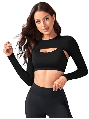 GORGLITTER Damen Super Crop Top Langarm T-Shirt Kurzes Top Sports Yoga Oberteil Rundkragen Tops Schwarz M