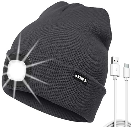 ATNKE LED Mütze mit Licht, USB Typ C Wiederaufladbare 4 LED Beleuchtete Laufmütze Extrem Heller Lampe Winter Warme Stricken Mütze für Herren und Damen Geschenke/Noble Gray