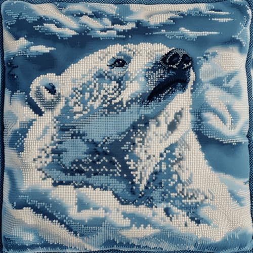 RKFLGEW DIY Latch Hook kit Cartoon Polar Bear Pillow Embroidery kit Fantasy Animals DIY Hook Crochet Yarn Needle Craft Easy Handmade Cushion for Home Sofa Decoration 43x43cm