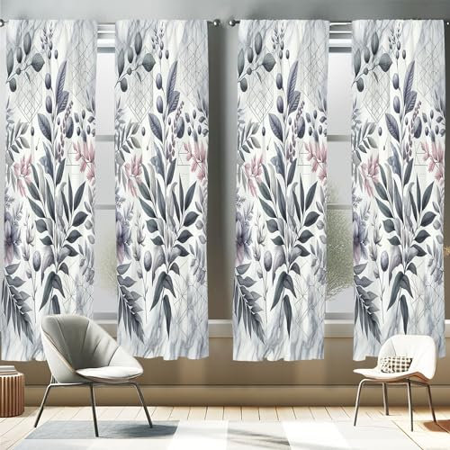ABAKUHAUS Vorhänge 2er-Pack, Blätterkunst, Vorhang für Wohnzimmer Schlafzimmer, 4 Stück 75 cm x 175 cm, Grau Pink Blaugrau Puder Rosa