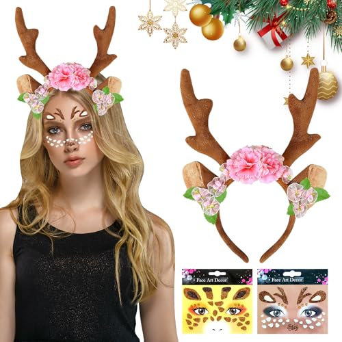 ARONRAVE Karneval Kostüm Damen, Haarreif Reh Geweih Hörner Reh Kostüm Damen Reh Kostüm Accessoires Haarschmuck Fasching Cosplay