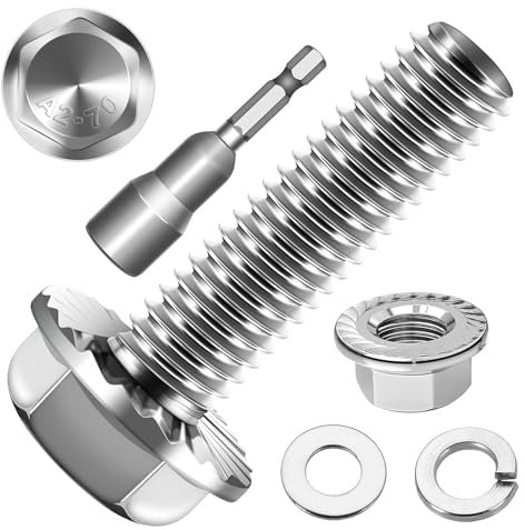 10 viti esagonali M10 x 25, viti a flangia, in acciaio inox A2 V2A, esagono esterno, filettatura completa, rondelle, anelli a molla e dadi/viti con punta esagonale magnetica