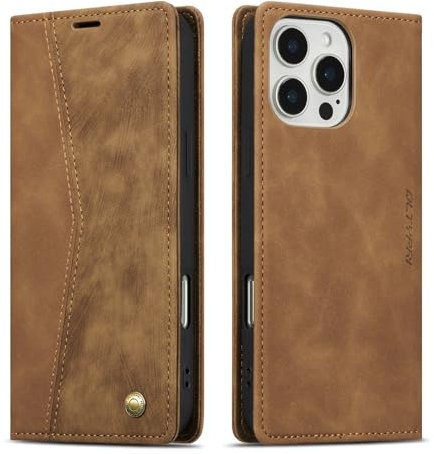 QLTYPRI Hülle für iPhone 16 Pro, Vintage Dünne Handyhülle mit Kartenfach Geld Slot Ständer PU Ledertasche TPU Bumper Wallet Case Flip Schutzhülle Kompatibel mit iPhone 16 Pro - Retro Braun