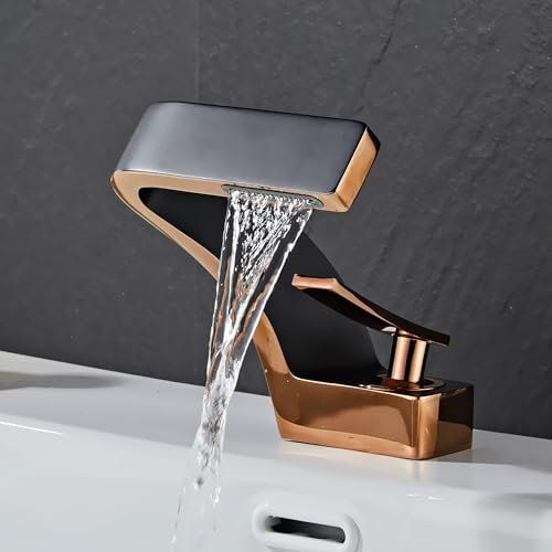 MocArt Robinet cascade 2239 - Robinet mitigeur de salle de bain - Robinet en cuivre pour lavabo d'hôtel - Noyau de valve en céramique - Montage monotrou - Design d'économie d'eau (noir + or rose)