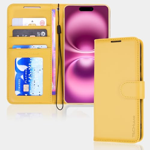 TECHGEAR iPhone 16 Leather Wallet Case, Protective Flip Case Cover with [RFID BLOCKING] Wallet Card Holder, Stand and Wrist Strap - Yellow PU Leather with Magnetic Closure for iPhone 16 6.1