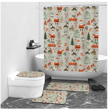 Set di tende da doccia natalizie con tappeti e tappetini con pupazzo di neve, renna e Babbo Natale, include 12 ganci per allegria natalizia