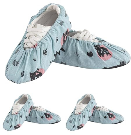 KASESSS 3 Pares Cubrezapatos Reutilizables, Cubre Zapatos con Franela, Antideslizante del Zapato, Lavable Zapatillas Cubierta, Cubierta del Zapato para Protección para Hogar, Oficina, Patrón de Gatito