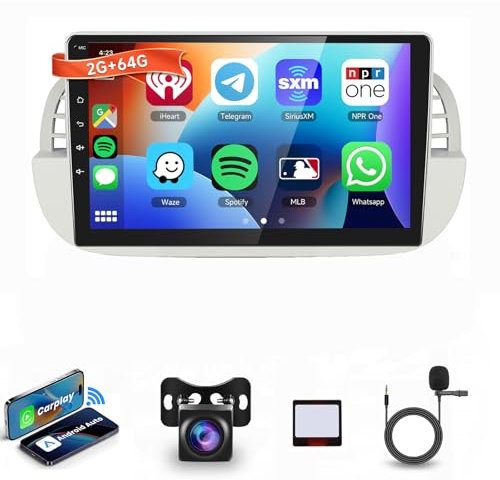 2G+64G Autoradio Android 13 per FIAT 500 500C Abarth 2007-2015, 9 HD Schermo Tactile Stereo Auto co Carplay Android Auto Wireless GPS Wi-Fi USB Bluetooth Radio FM RDS Retrocamera
