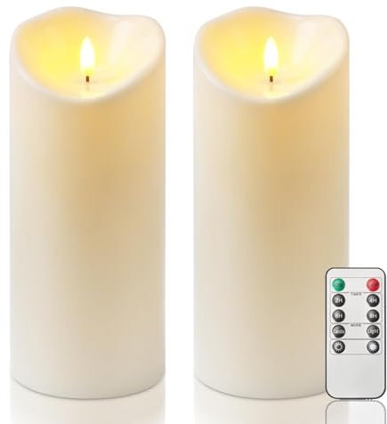 Homemory 10cm x 22,8cm Wasserdicht Flackernden Flammenlose Kerzen, Outdoor-Batterie Betriebene LED-Säule Kerzen mit Fernbedienung Timer, Elektrische Gefälschte Kunststoff-Kerzen, Elfenbein, 2er-Set