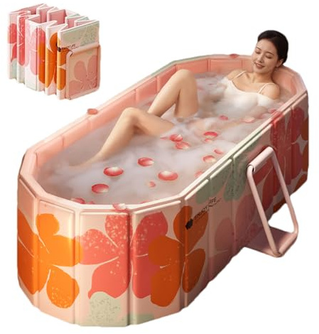 Genrenyen Tragbare Badewanne für Erwachsene, 150 cm, groß, faltbar, keine Installation, Badewanne für Duschkabine, Badezimmer, heißes Spa, Einweichen, Stehwanne, zusammenklappbare Tauchbadewanne (Rosa