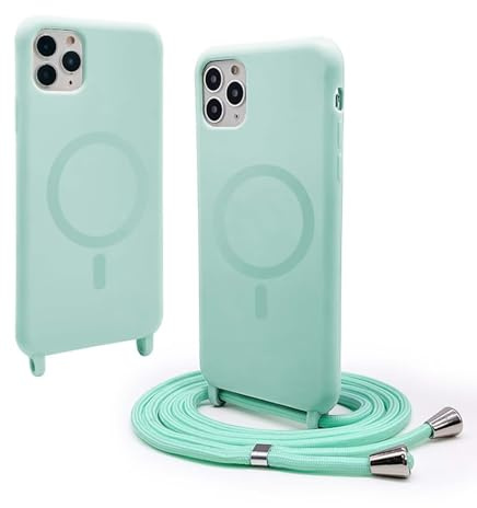 BGHHEU Handykette Hülle kompatibel mit iPhone 11 Pro mit Band,Handyhülle Kompatibel mit MagSafe,Abnehmbar Kordel zum Umhängen Silikon Case Magnetische Handyhülle,Mintgrün