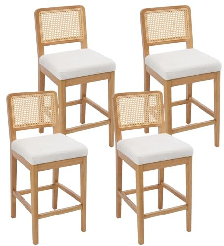 chairus Lot de 4 Tabourets de Bar avec Dossier en Rotin Tabourets de Comptoir en Chenille sans Accoudoirs Chaise Haute de Bar avec Repose-Pieds en Bois Massif pour Cuisine, Ilot Central, Blanc-4