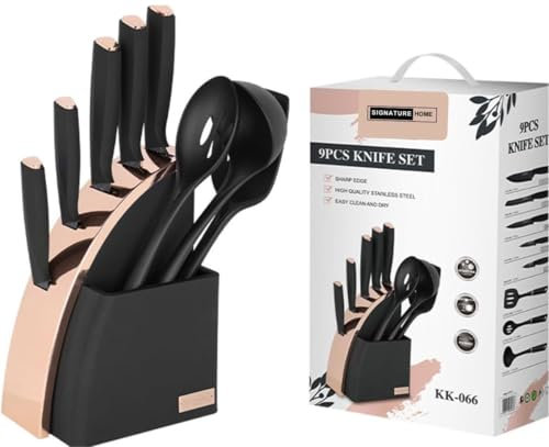 Segenn Ustensiles de cuisine, Jeu de Couteaux, Bloc de Couteaux, Professionnel 9 Pièces, Lux Couteau à Pain Couteau de Chef, Acier inoxydable, Noir, Or Rose