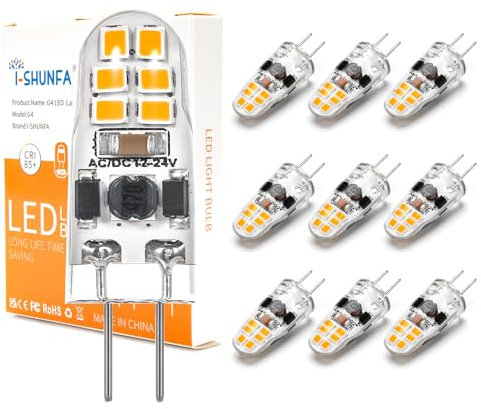 I-SHUNFA Bombillas LED G4 1.2W Regulable AC/DC 12-24V Blanco Cálido 3000K Mini Bombilla LED de Repuesto 10W-15W G4 Bombilla Halógena para Cocina, Campana Extractora, Oficina (Pack de 10)