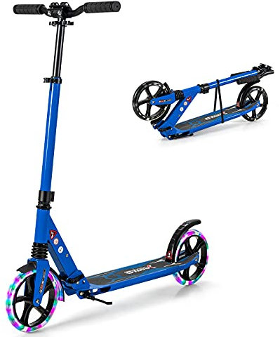 COSTWAY Kinder Roller klappbar mit Leuchten, Scooter höhenverstellbar mit Tragegurt & Ständer, Cityroller bis 100kg belastbar, Tretroller Kickscooter für Kinder, Erwachense (Blau)