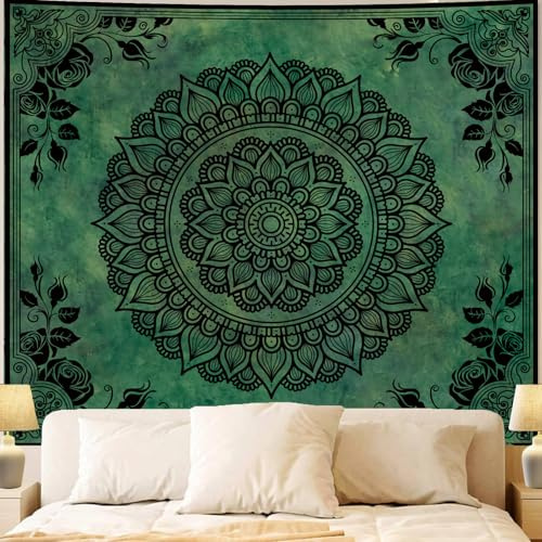 Wandtuch Mandala Grün Vintage Blumen Deckenblumen Pflanzen Wandbehang Waschbar Strandtuch Weiches Picknickdecke, Für Picknick, Party Dekor, Schlafzimmer, 150x200cm