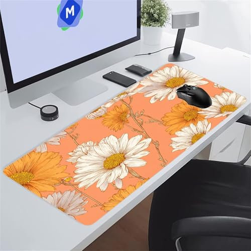 Fleurs Blanches Oranges Tapis de Souris de Jeu 1500x800x2 mm Grand Tapis de Souris Gaming sous-Main Bureau Gamer Large avec Base Antidérapante Tapis de Clavier Lavable pour Gamer PC