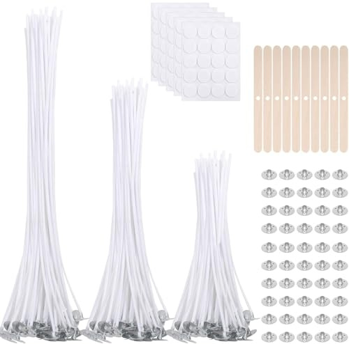300 pcs Candle Wicks Set, 100pcs for Making (4/6/8'') with Glue Dots, 10pcs Wick Holders & 50pcs Tabs, Long Lasting No Black Smoke DIY Candles Crafts
