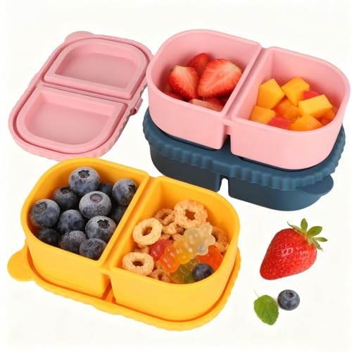 3Pcs Reusable Silicone Snack Containers with Lids, Food Storage Box | Snack and Dip Container, Portable Snackle Box for school, office, picnic, travel
