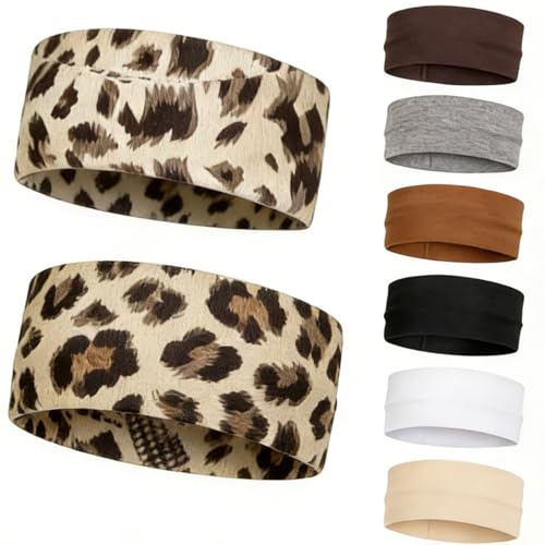 Stirnband Damen Sport, 8 Pack Haarbänder Damen Herren Antirutsch Stirnbänder Elastisch Headband Unisex Hair Band Sport Yoga Workout Laufen Fitness, Antirutsch Stirnbänder Elastisch mit Leopardenmuster