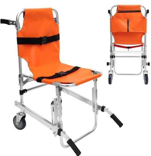 Faltbarer tragbarer Treppenstuhl, Evakuierungsstuhl mit Sicherheitsgurt bis zu 159 kg, einziehbare Griffe, Treppensteiger-Rollstuhl, orange