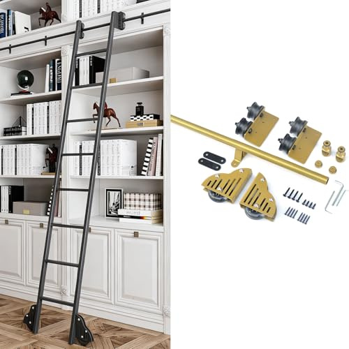 Gold Sliding Library Ladder Hardware Kit (No Ladder) 300lb Capacity - 3.3ft-24ft Rolling Track System with Brake Caster for Warehouse, Home, Bookshelf(10ft/300cm Track kit)