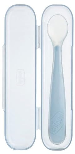 Chicco Cucchiaio in Silicone Morbido per Svezzamento 6m+ con Pratica Custodia da Viaggio, Punta Flessibile Salva-Gengive e Manico Lungo Ergonomico, 0% BPA, Ideale Fuori Casa