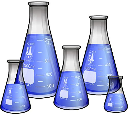 Glass Erlenmeyer Flask 5 Piece Set 50, 150, 250, 500, & 1000ml, Karter Scientific 213B2