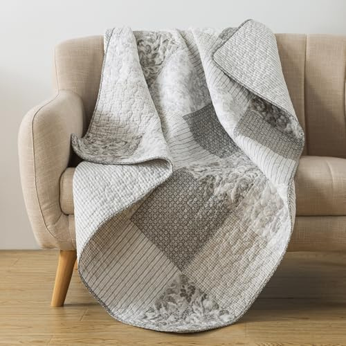 SLPR „Silver Linings” Echte Patchwork-Steppdecke aus Baumwolle (127 cm x 152 cm) | Dekorative Runde Wurfdecke für Bett, Couch, Sofa