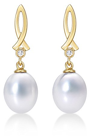 Diamond Treats Süßwasserperlen-Tropfen-Ohrringe für Damen in 9K Gelbgold, hängende Ohrstecker mit Süßwasserperlen in Gold, Perlenohrringe für Frauen, Perlenschmuck
