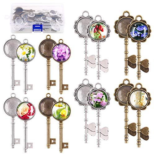 Swppet 2 Styles Keys Kit: 12 Bronze Skeleton & 12 Sliver Keys, With 24 Glass Dome Tiles Cabochon