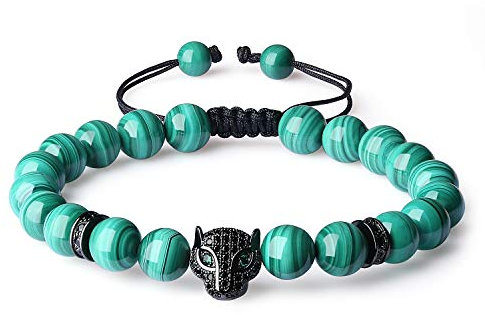 COAI Geschenkideen Glücksarmband aus Malachit Verstellbares Armband Unisex mit CZ Panther-Kopf Charm