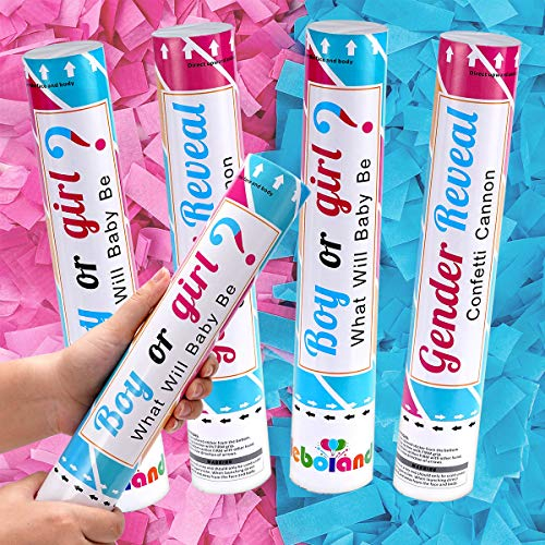 Heboland Gender Reveal Konfettikanone Boy or Girl, Junge oder Mädchen, 2 rosa und 2 blaue 30 cm Konfettikanone, sichere luftkomprimierte Druckknöpfe für Gender Reveal Party Deko