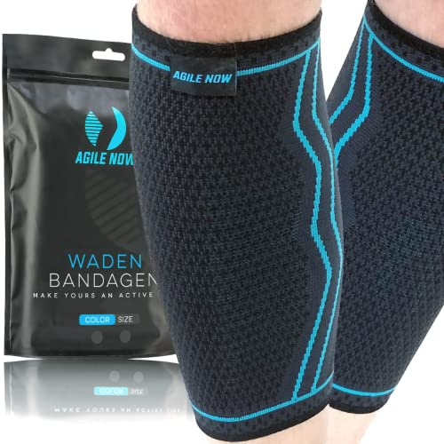 AGILE NOW® Wadenbandage 2er Set stabilisiert & entlastet die Waden bei jeder Bewegung – Kompressionsstrümpfe für Damen & Herren – rutschfeste & atmungsaktive Kompressionsbandagen (M | Blau)