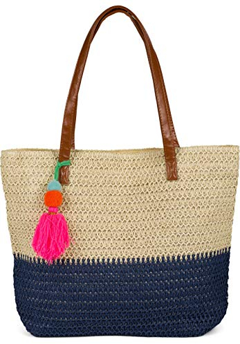styleBREAKER Damen Bast Strandtasche 45 x 13 x 46 cm mit Reißverschluss | Zweifarbige Korbtasche mit Quaste | Flechttasche mit langen Henkeln für Strand & Shopping, Farbe:Beige-Dunkelblau