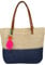 styleBREAKER Damen Bast Strandtasche 45 x 13 x 46 cm mit Reißverschluss | Zweifarbige Korbtasche mit Quaste | Flechttasche mit langen Henkeln für Strand & Shopping, Farbe:Beige-Dunkelblau