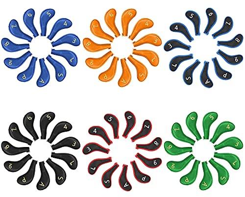 Big Teeth Golf Iron Head Covers Long Neck Protector 11Pcs/set (3-9.P.A.S.L) Zipper Closure Mulit Colors Fit for Titleist, Callaway, Ping, Taylormade, Cobra (black)