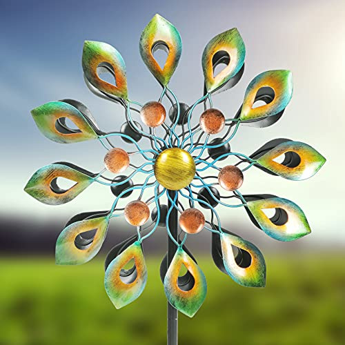 Kinetische Windspiele mit Pfahl, 160 cm, Metall-Windmühle, Gartendekorationen, 360° drehbarer Pfau, Outdoor-Windskulptur, Dual-Direction-Windfänger für Hofkunst, Rasendekoration, Geschenkideen