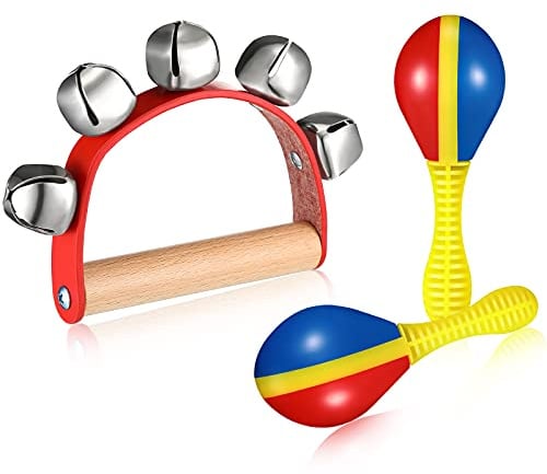 Suilung 3 Pcs Tambourine Maracas Set, Wooden Hand Sleigh Bells Rattle